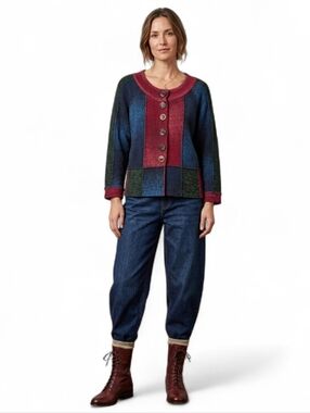 VTG Marled Colourblock Patchwork Art to Wear Snap Front Cardigan Wooden Buttons